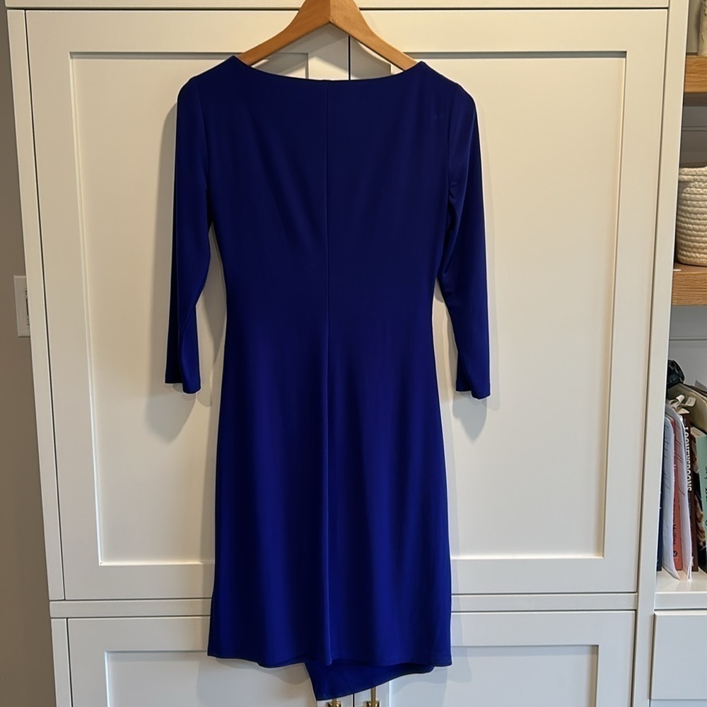 Lauren by Ralph Lauren Faux Wrap Midi Ruching Blue Round Neck 3/4 Sleeves Size 4 - Picture 2 of 13